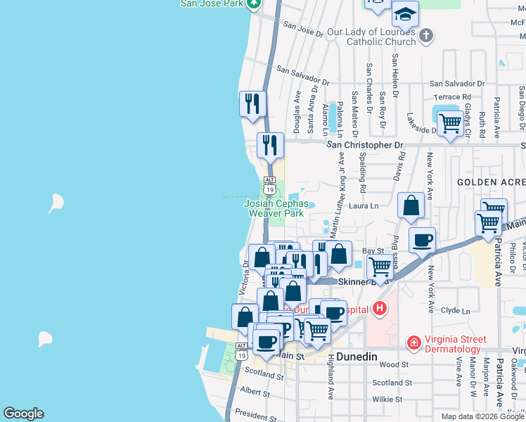 map of restaurants, bars, coffee shops, grocery stores, and more near 232 Lee Street in Dunedin