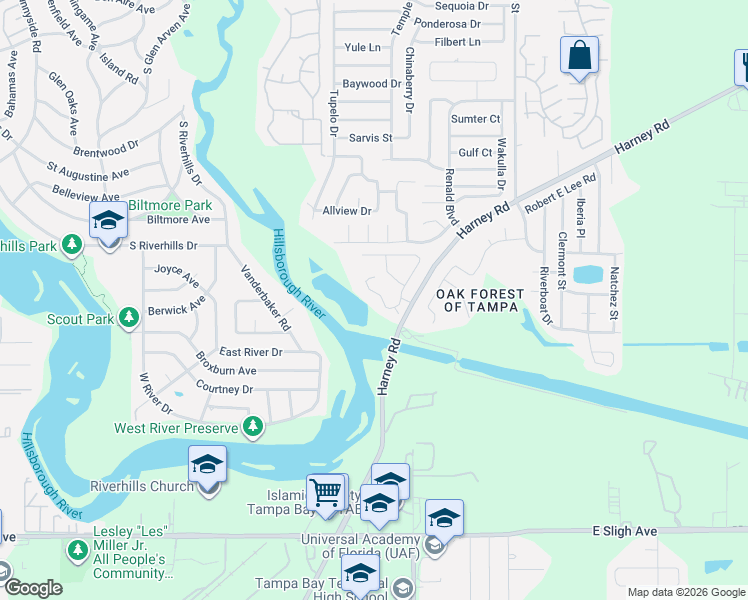 map of restaurants, bars, coffee shops, grocery stores, and more near 7447 Terrace River Drive in Tampa