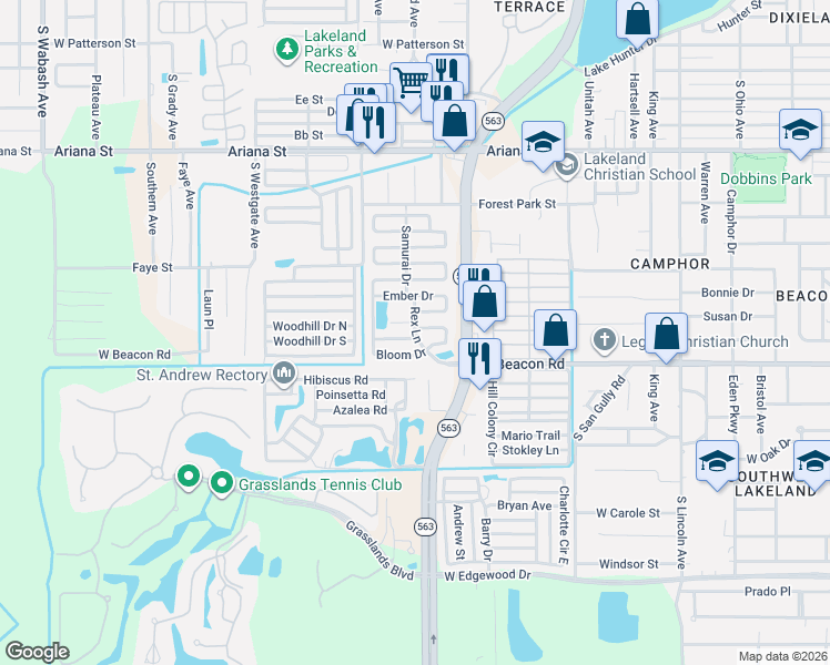map of restaurants, bars, coffee shops, grocery stores, and more near Pine Wood Avenue in Lakeland