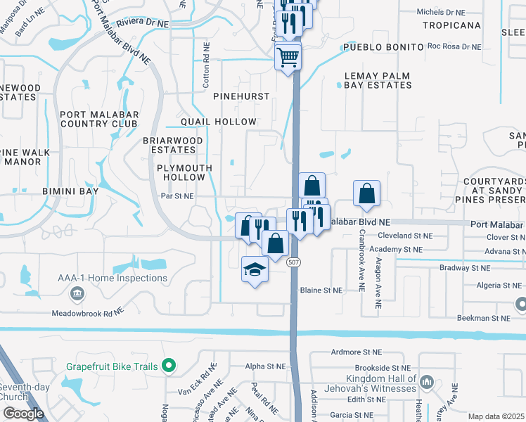 map of restaurants, bars, coffee shops, grocery stores, and more near 1699 Dawes Road Northeast in Palm Bay