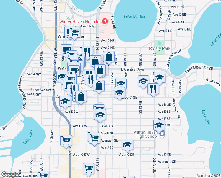 map of restaurants, bars, coffee shops, grocery stores, and more near 207 2nd Street Southeast in Winter Haven
