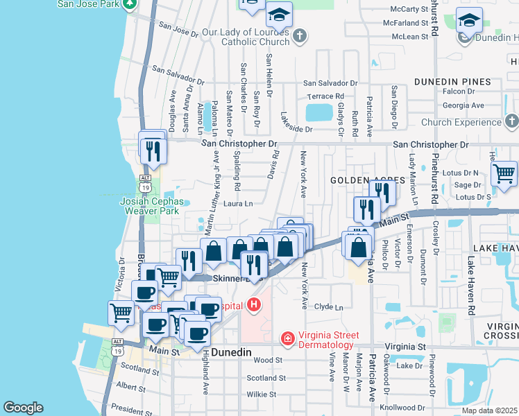 map of restaurants, bars, coffee shops, grocery stores, and more near 1209 Davis Road in Dunedin