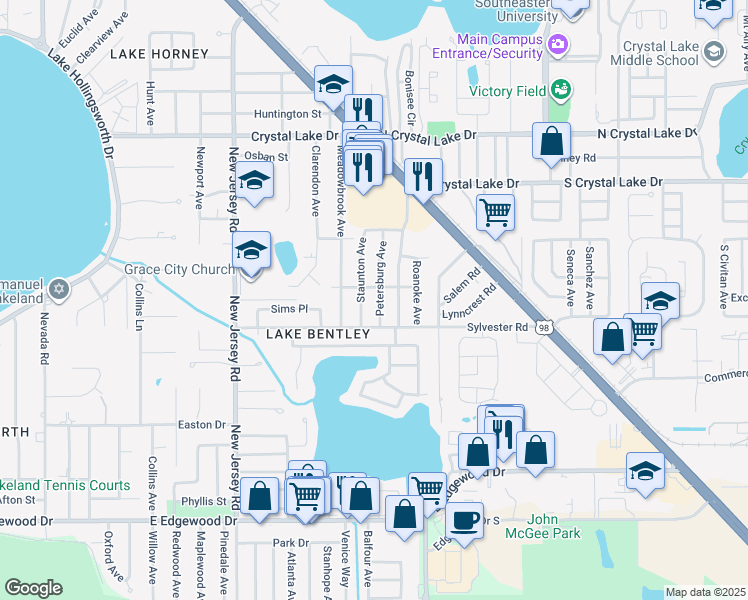 map of restaurants, bars, coffee shops, grocery stores, and more near 1811 Petersburg Avenue in Lakeland