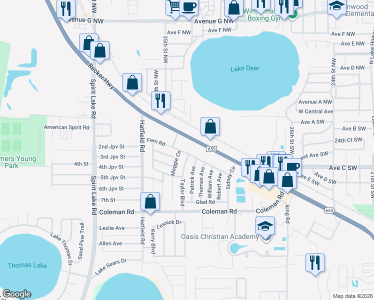 map of restaurants, bars, coffee shops, grocery stores, and more near 3460 Recker Highway in Eloise