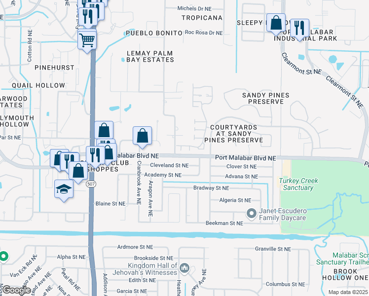 map of restaurants, bars, coffee shops, grocery stores, and more near 895 Bracken Terrace Northeast in Palm Bay