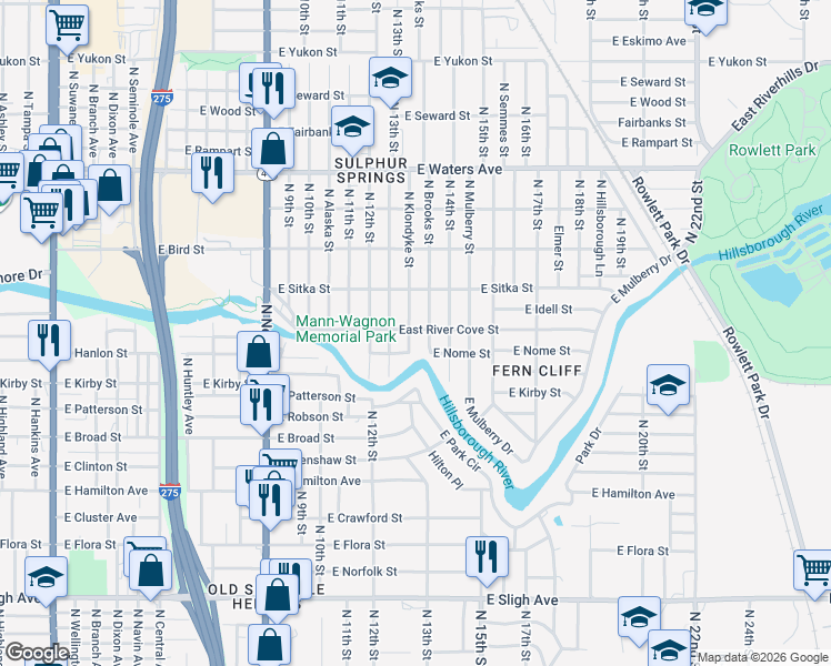 map of restaurants, bars, coffee shops, grocery stores, and more near 1304 East River Cove Street in Tampa