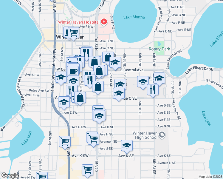 map of restaurants, bars, coffee shops, grocery stores, and more near 204 Avenue B Southeast in Winter Haven