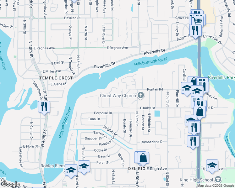 map of restaurants, bars, coffee shops, grocery stores, and more near 7890 Edward Spray Road in Tampa