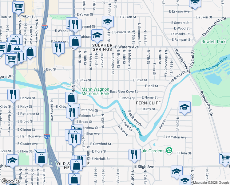 map of restaurants, bars, coffee shops, grocery stores, and more near 1304 East River Cove Street in Tampa