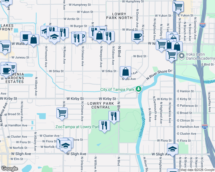 map of restaurants, bars, coffee shops, grocery stores, and more near 8009 North Newport Avenue in Tampa
