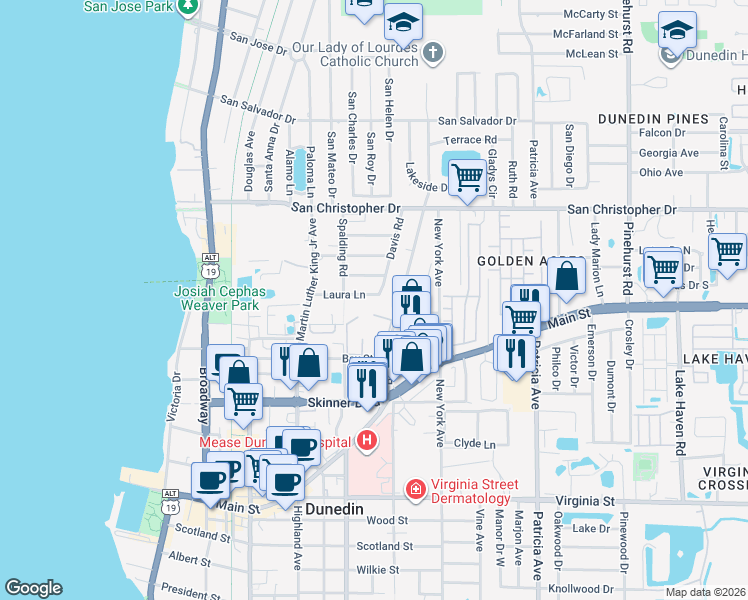 map of restaurants, bars, coffee shops, grocery stores, and more near 1209 Davis Road in Dunedin
