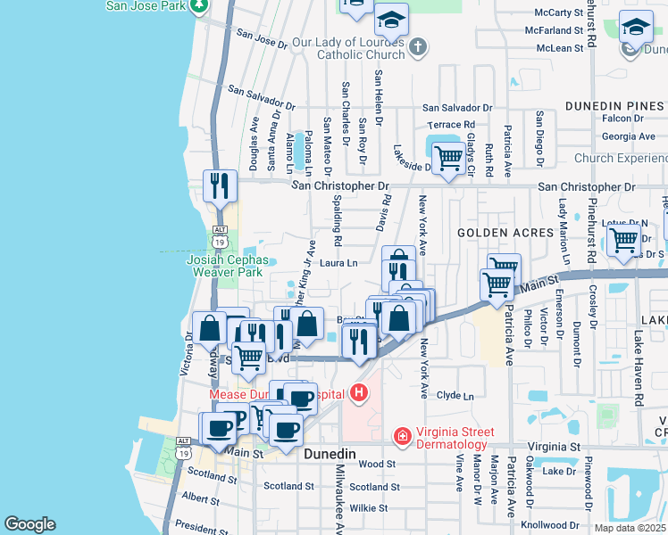 map of restaurants, bars, coffee shops, grocery stores, and more near 614 Laura Lane in Dunedin