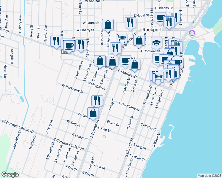 map of restaurants, bars, coffee shops, grocery stores, and more near 725 Young Street in Rockport
