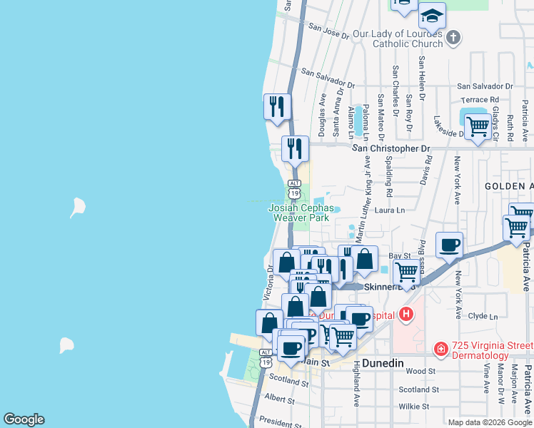 map of restaurants, bars, coffee shops, grocery stores, and more near 232 Lee Street in Dunedin