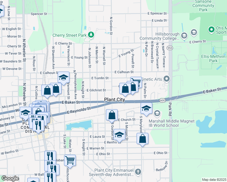 map of restaurants, bars, coffee shops, grocery stores, and more near 606 North Gordon Street in Plant City