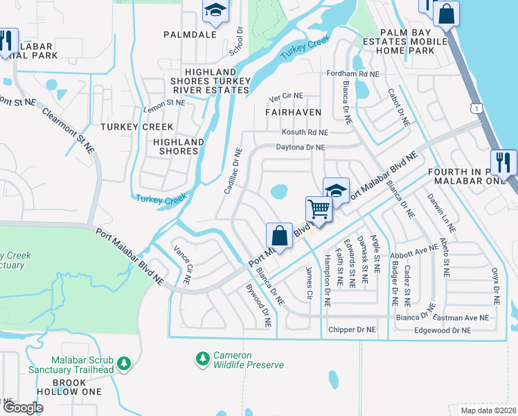 map of restaurants, bars, coffee shops, grocery stores, and more near 991 Fulton Lane Northeast in Palm Bay