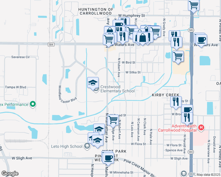 map of restaurants, bars, coffee shops, grocery stores, and more near 7829 North Manhattan Avenue in Tampa
