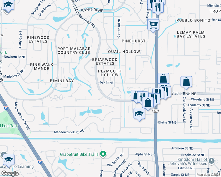map of restaurants, bars, coffee shops, grocery stores, and more near 1560 Waldorf Circle Northeast in Palm Bay