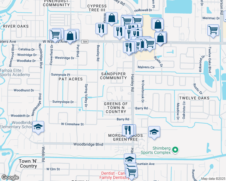 map of restaurants, bars, coffee shops, grocery stores, and more near 7519 Palmera Pointe Circle in Tampa