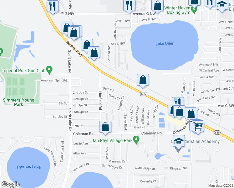 map of restaurants, bars, coffee shops, grocery stores, and more near 307 Fern Road in Winter Haven
