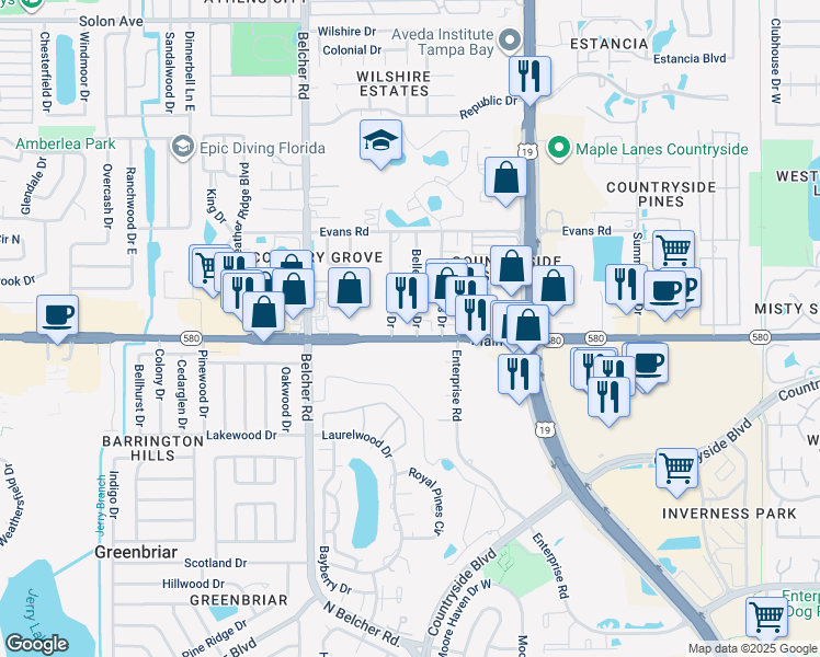 map of restaurants, bars, coffee shops, grocery stores, and more near 2298 Florida 580 in Clearwater