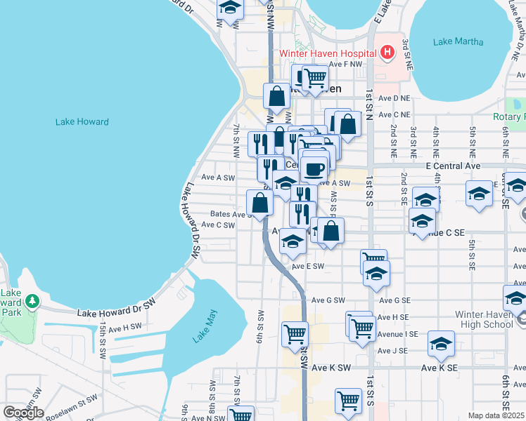 map of restaurants, bars, coffee shops, grocery stores, and more near 219 6th Street Southwest in Winter Haven
