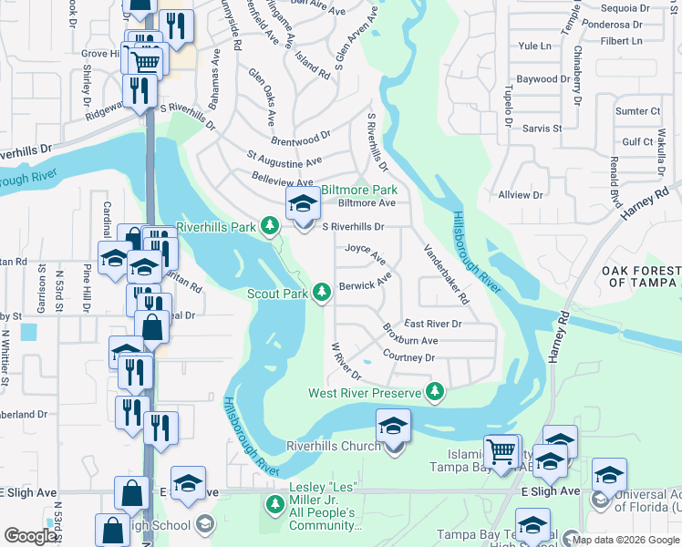 map of restaurants, bars, coffee shops, grocery stores, and more near 401 Dunedin Avenue in Tampa