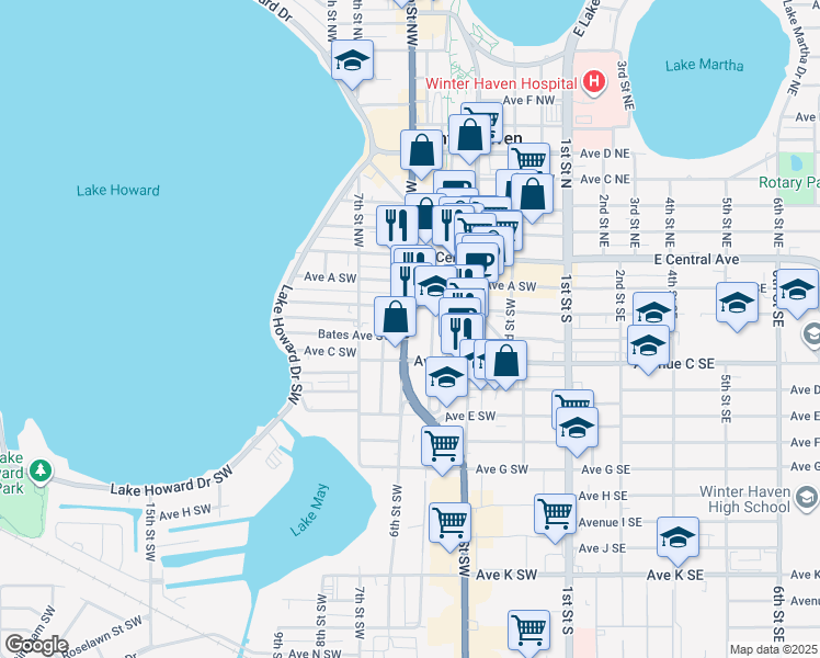 map of restaurants, bars, coffee shops, grocery stores, and more near 219 6th Street Southwest in Winter Haven