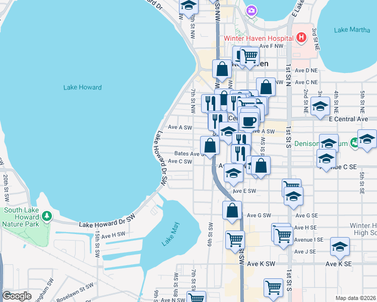 map of restaurants, bars, coffee shops, grocery stores, and more near 5 7th Street Southwest in Winter Haven