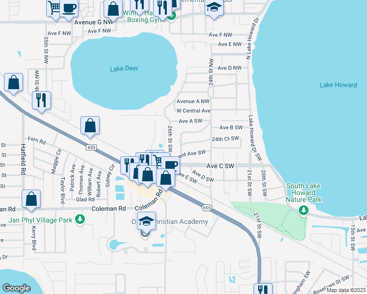 map of restaurants, bars, coffee shops, grocery stores, and more near 2450 Bates Avenue Southwest in Winter Haven
