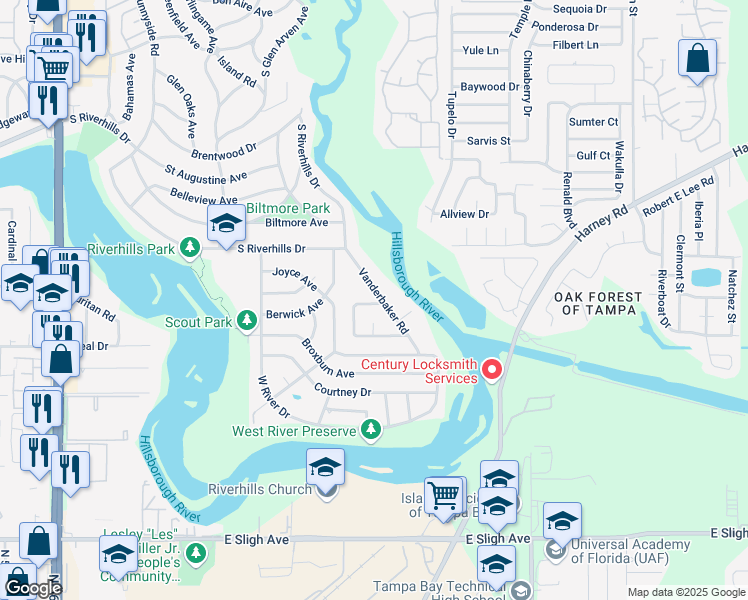 map of restaurants, bars, coffee shops, grocery stores, and more near 613 Vanderbaker Road in Tampa