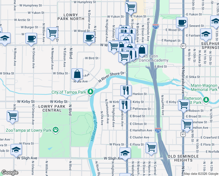 map of restaurants, bars, coffee shops, grocery stores, and more near 7910 North Highland Avenue in Tampa