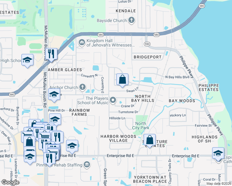 map of restaurants, bars, coffee shops, grocery stores, and more near 3131 Swan Lane in Safety Harbor