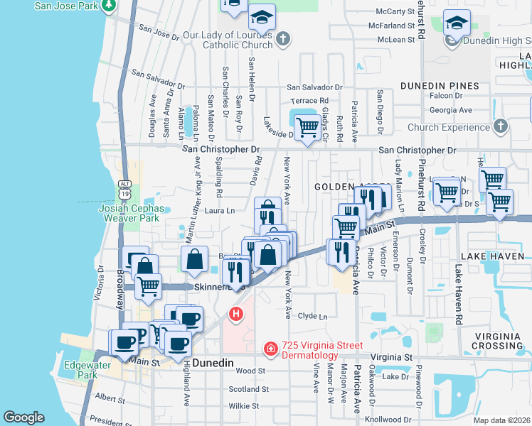 map of restaurants, bars, coffee shops, grocery stores, and more near 1222 Orange Avenue in Dunedin