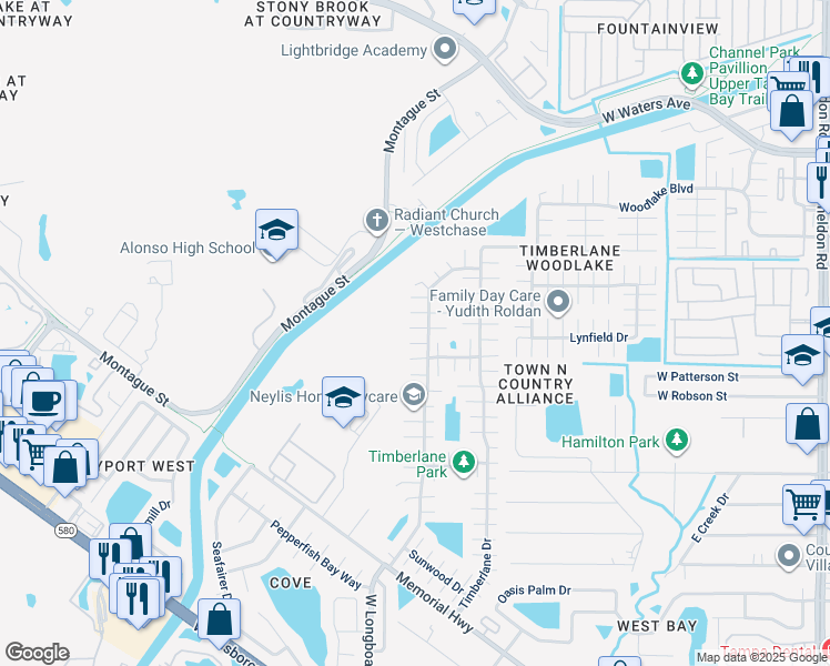 map of restaurants, bars, coffee shops, grocery stores, and more near 10216 Cutten Green Court in Tampa