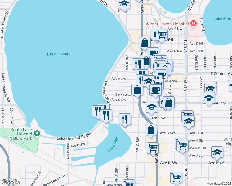 map of restaurants, bars, coffee shops, grocery stores, and more near 757 Bates Avenue Southwest in Winter Haven