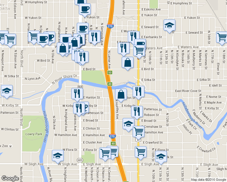 map of restaurants, bars, coffee shops, grocery stores, and more near 702 East Hollywood Street in Tampa