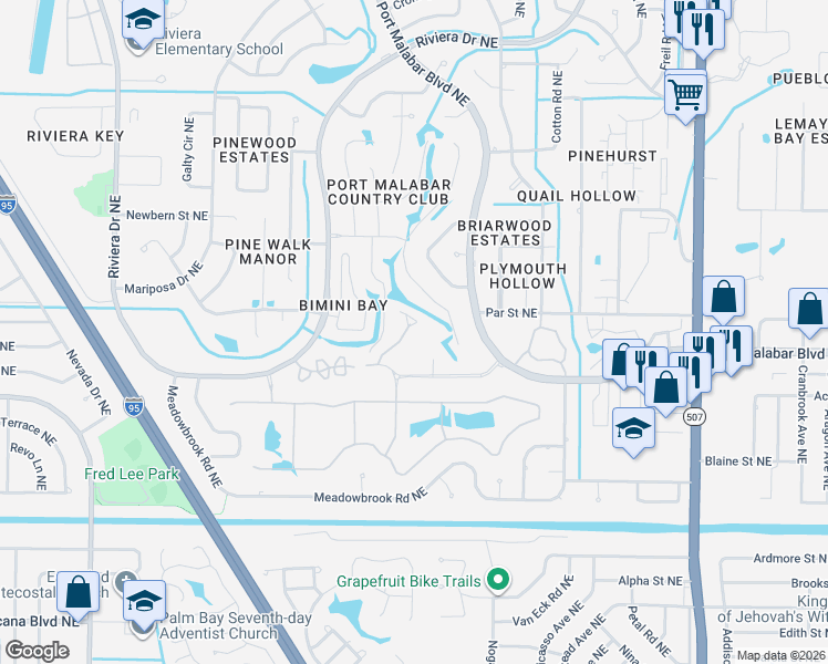 map of restaurants, bars, coffee shops, grocery stores, and more near 1413 Island Green Drive Northeast in Palm Bay