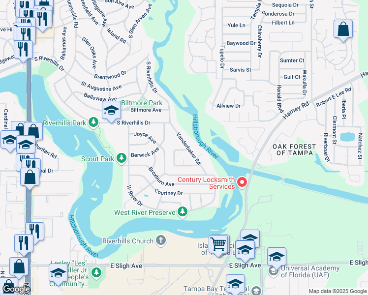 map of restaurants, bars, coffee shops, grocery stores, and more near 613 Vanderbaker Road in Tampa