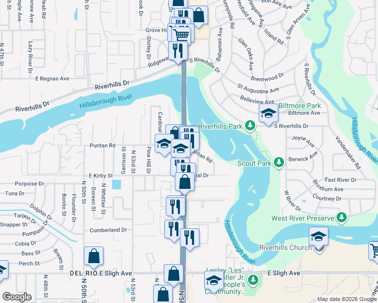 map of restaurants, bars, coffee shops, grocery stores, and more near 7851 North 56th Street in Tampa