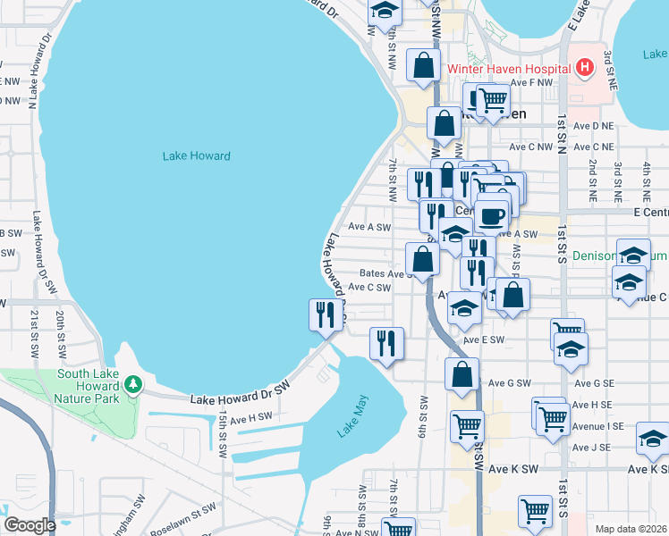 map of restaurants, bars, coffee shops, grocery stores, and more near 789 Bates Avenue Southwest in Winter Haven