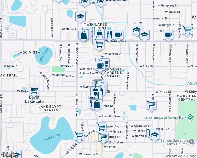 map of restaurants, bars, coffee shops, grocery stores, and more near 2506 West Marquette Avenue in Tampa