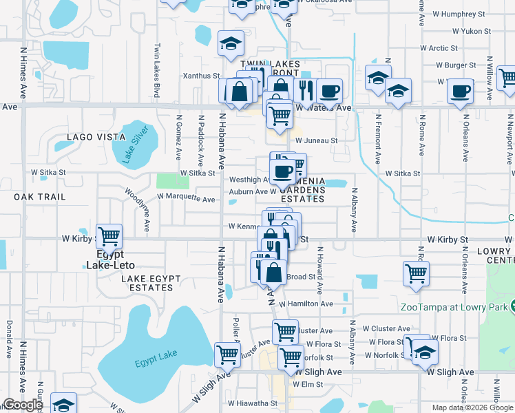 map of restaurants, bars, coffee shops, grocery stores, and more near 7912 North Saint Peter Avenue in Tampa