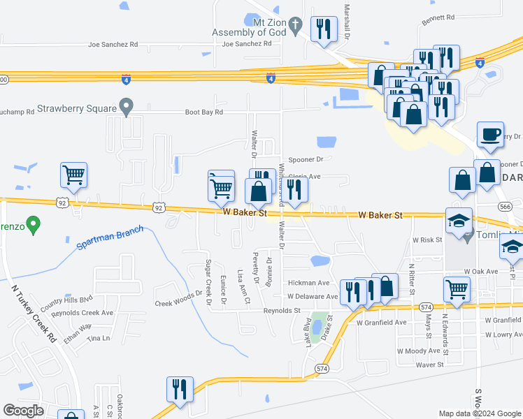 map of restaurants, bars, coffee shops, grocery stores, and more near 3516 West Baker Street in Plant City