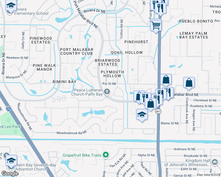 map of restaurants, bars, coffee shops, grocery stores, and more near 725 Port Malabar Boulevard Northeast in Palm Bay