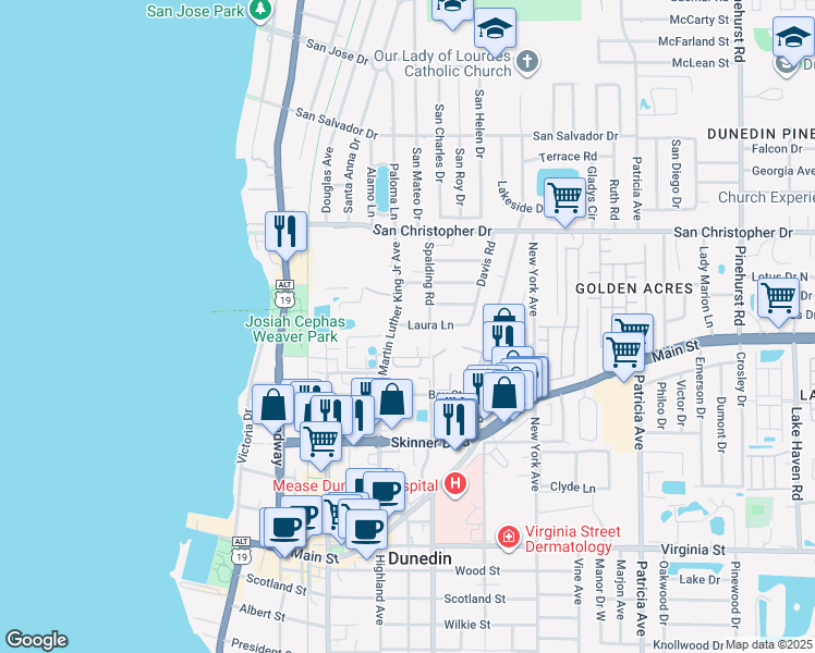 map of restaurants, bars, coffee shops, grocery stores, and more near 529 Laura Lane in Dunedin