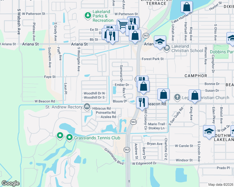 map of restaurants, bars, coffee shops, grocery stores, and more near 262 Dahlia Drive in Lakeland
