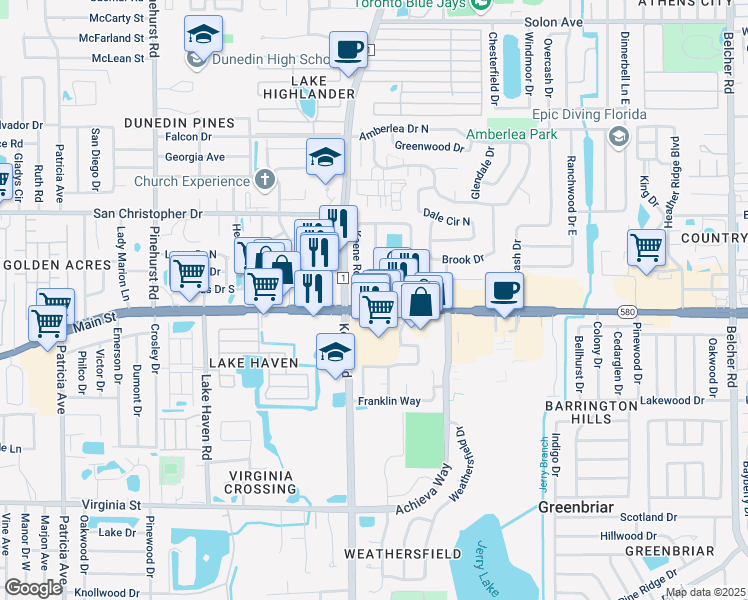 map of restaurants, bars, coffee shops, grocery stores, and more near 1546 Main Street in Dunedin