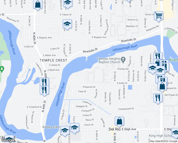 map of restaurants, bars, coffee shops, grocery stores, and more near 4506 Puritan Road in Tampa