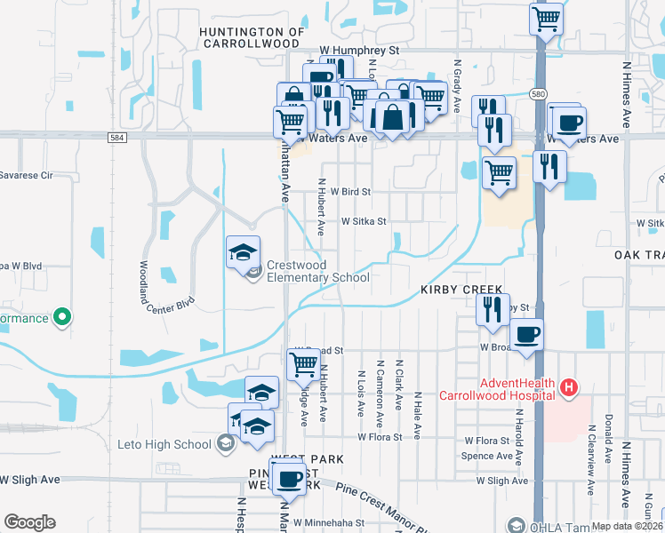 map of restaurants, bars, coffee shops, grocery stores, and more near 7908 North Thatcher Avenue in Tampa
